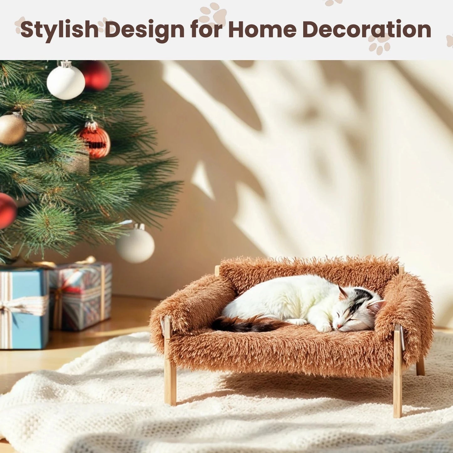 Large Raised Cat Bed – Plush Cat Sofa with Sturdy Wooden Legs, Soft Indoor Kitten Couch