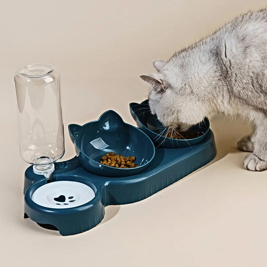 3-in-1 Tilted Pet Bowls with Water Feeder – Cat Food and Water Bowl Set