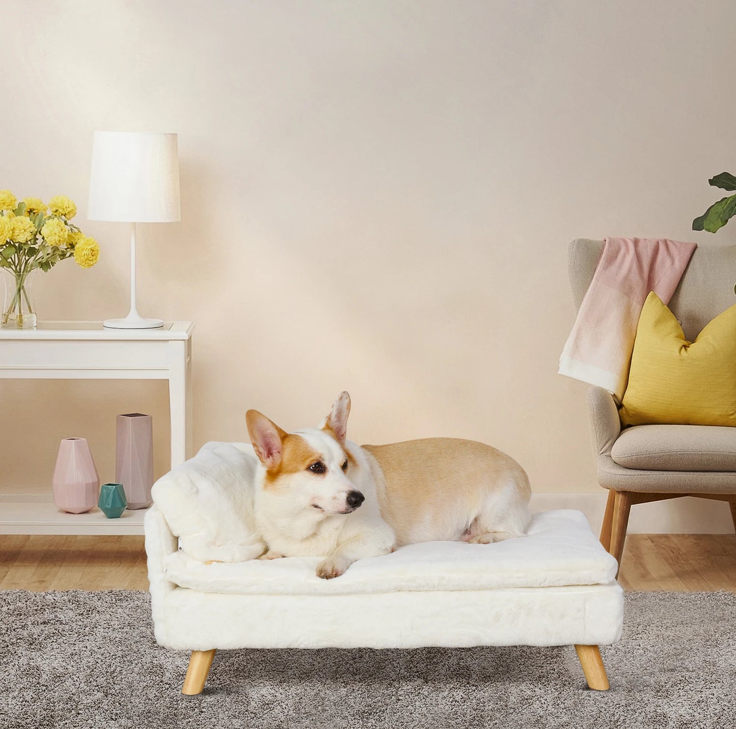 Elevated Pet Bed – Nordic Pet Sofa with Waterproof Cozy Pad & Sturdy Wooden Legs