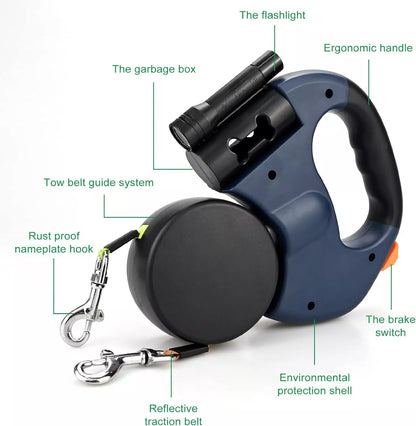 Retractable Dual Dog Leash with LED & Reflective Stitching – Walk Two Dogs Easily