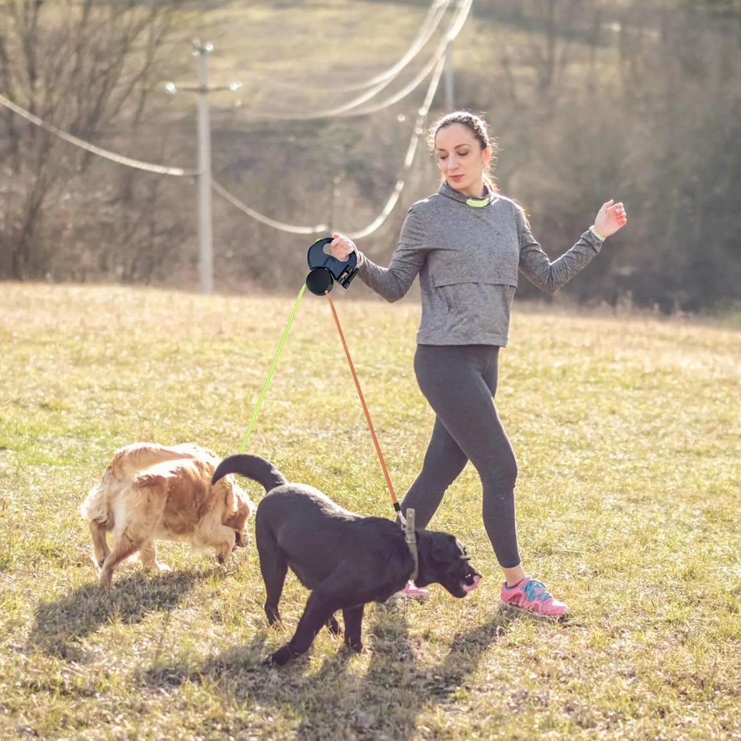 Retractable Dual Dog Leash with LED & Reflective Stitching – Walk Two Dogs Easily
