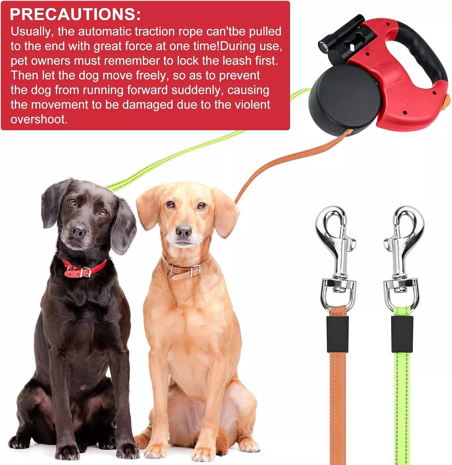 Retractable Dual Dog Leash with LED & Reflective Stitching – Walk Two Dogs Easily