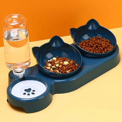 3-in-1 Tilted Pet Bowls with Water Feeder – Cat Food and Water Bowl Set