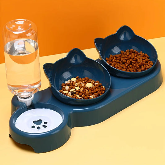 3-in-1 Tilted Pet Bowls with Water Feeder – Cat Food and Water Bowl Set
