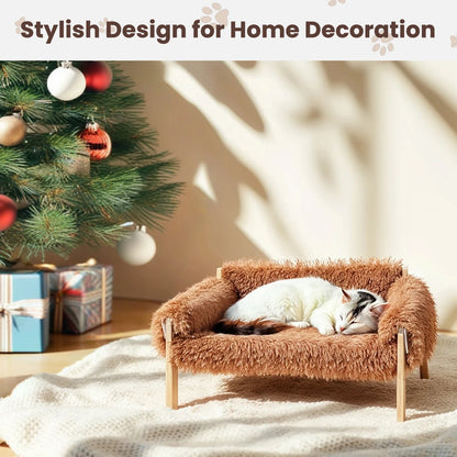 Large Raised Cat Bed – Plush Cat Sofa with Sturdy Wooden Legs, Soft Indoor Kitten Couch