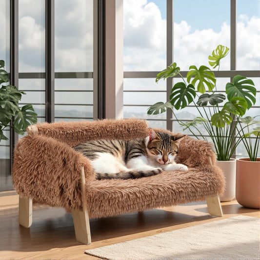 Large Raised Cat Bed – Plush Cat Sofa with Sturdy Wooden Legs, Soft Indoor Kitten Couch