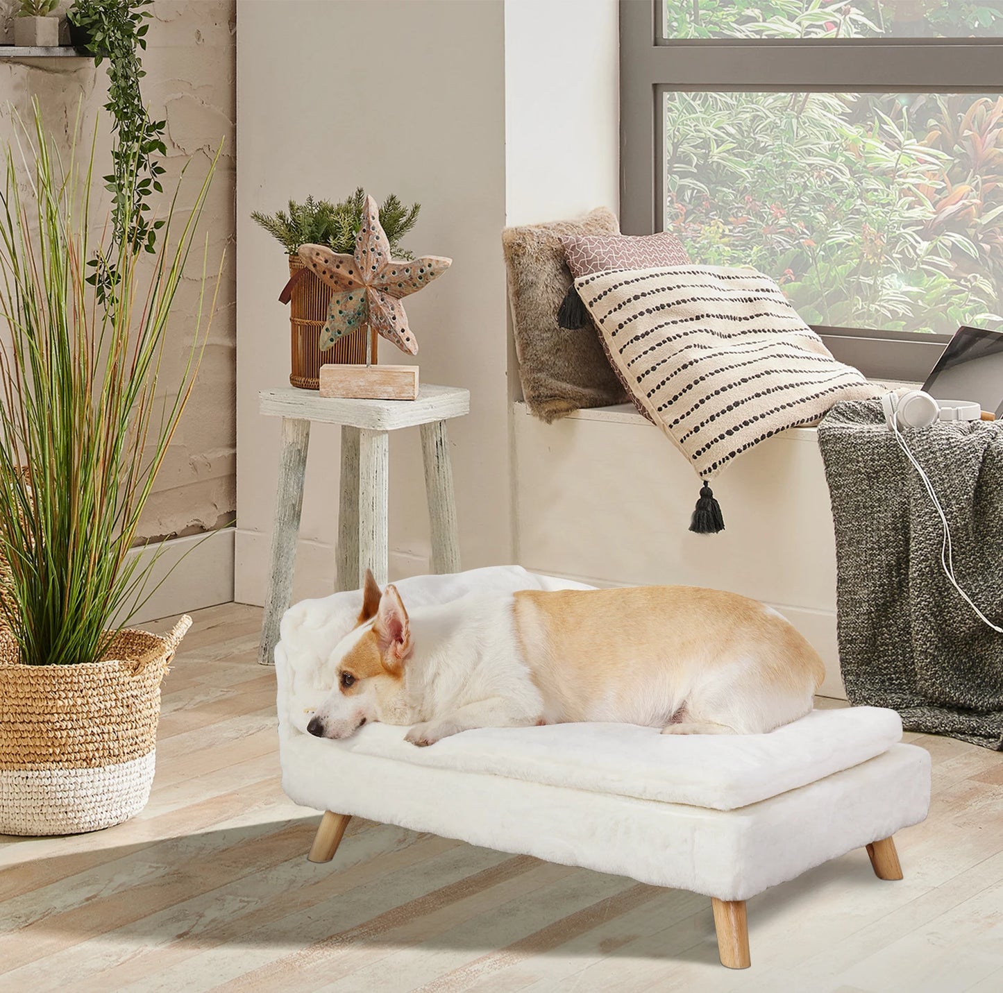 Elevated Pet Bed – Nordic Pet Sofa with Waterproof Cozy Pad & Sturdy Wooden Legs