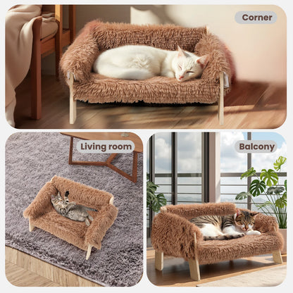 Large Raised Cat Bed – Plush Cat Sofa with Sturdy Wooden Legs, Soft Indoor Kitten Couch
