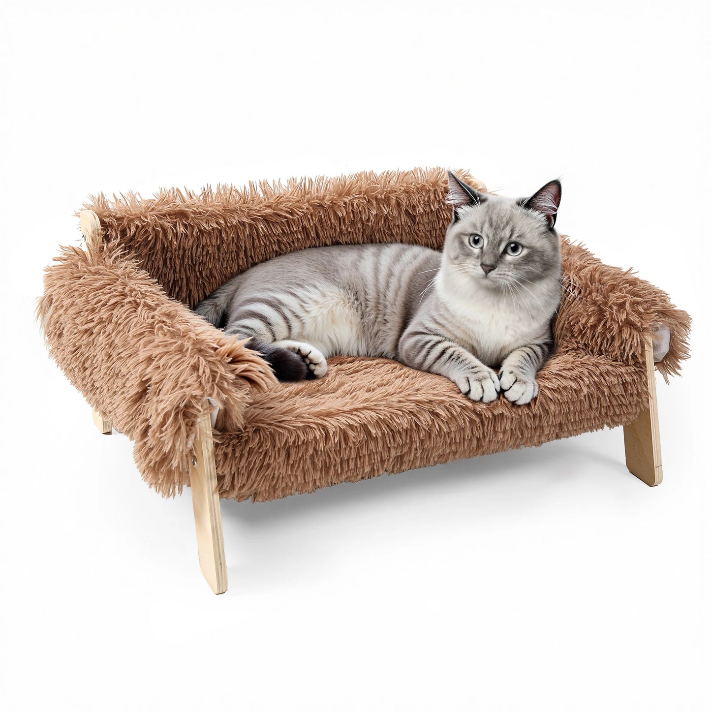 Large Raised Cat Bed – Plush Cat Sofa with Sturdy Wooden Legs, Soft Indoor Kitten Couch